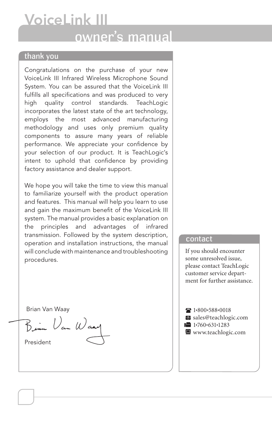 Voicelink iii, Owner’s manual | TeachLogic VOICELINK III User Manual | Page 4 / 24