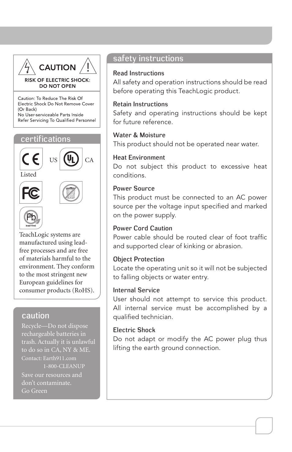 Safety instructions, Certifications, Caution | TeachLogic VOICELINK III User Manual | Page 5 / 24