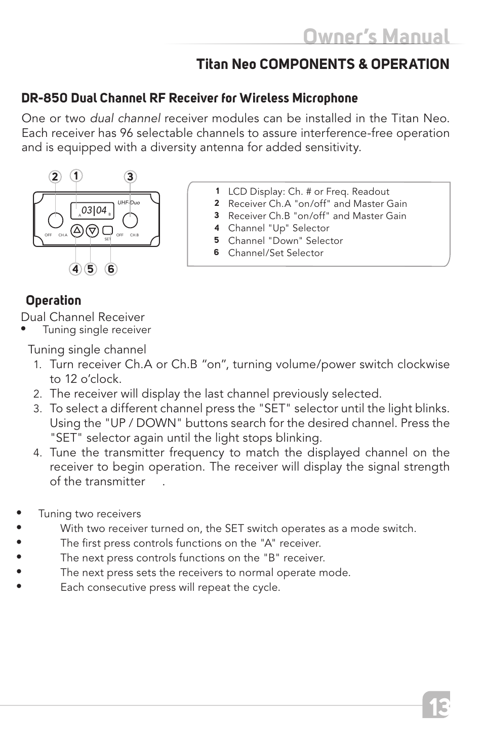 Owner’s manual, Titan neo components & operation, Operation | TeachLogic Titan Neo User Manual | Page 13 / 44