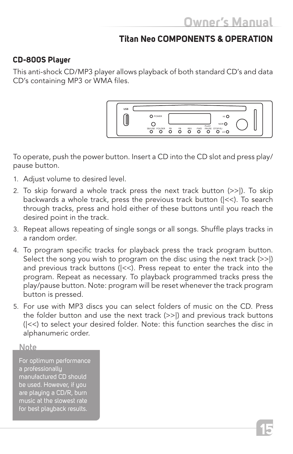 Owner’s manual, Titan neo components & operation, Cd-800s player | Adjust volume to desired level | TeachLogic Titan Neo User Manual | Page 15 / 44