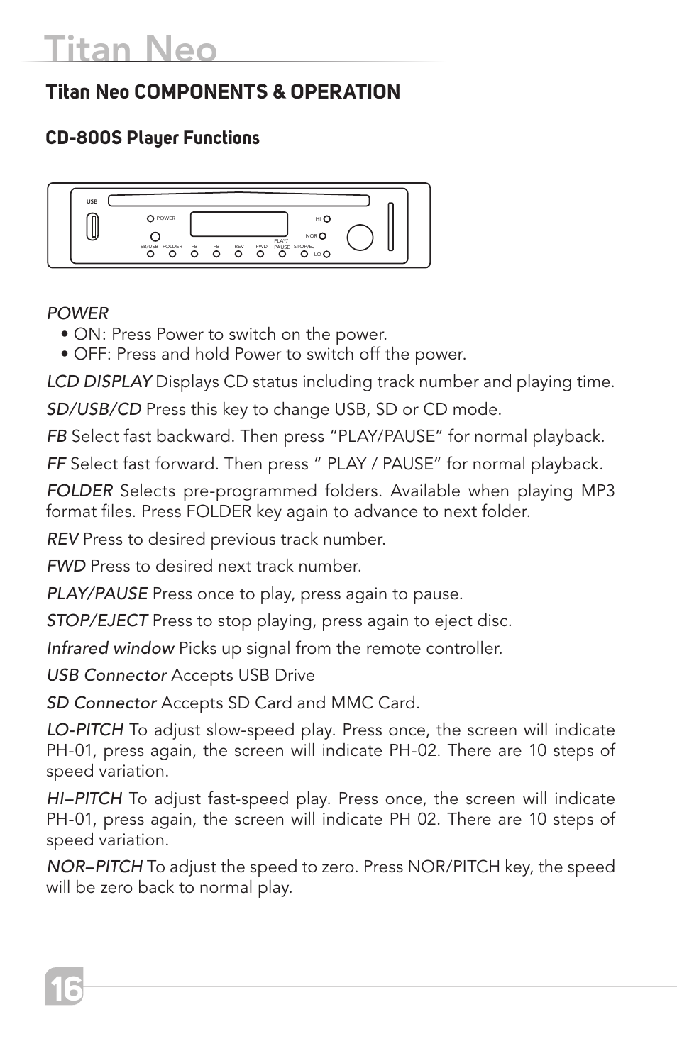 Titan neo, Cd-800s player functions | TeachLogic Titan Neo User Manual | Page 16 / 44