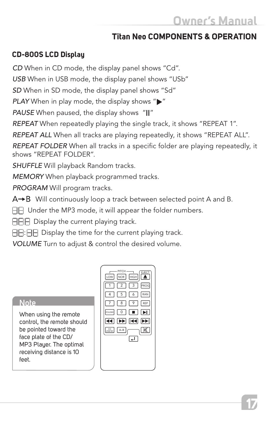 Owner’s manual, Titan neo components & operation, Cd-800s lcd display | TeachLogic Titan Neo User Manual | Page 17 / 44