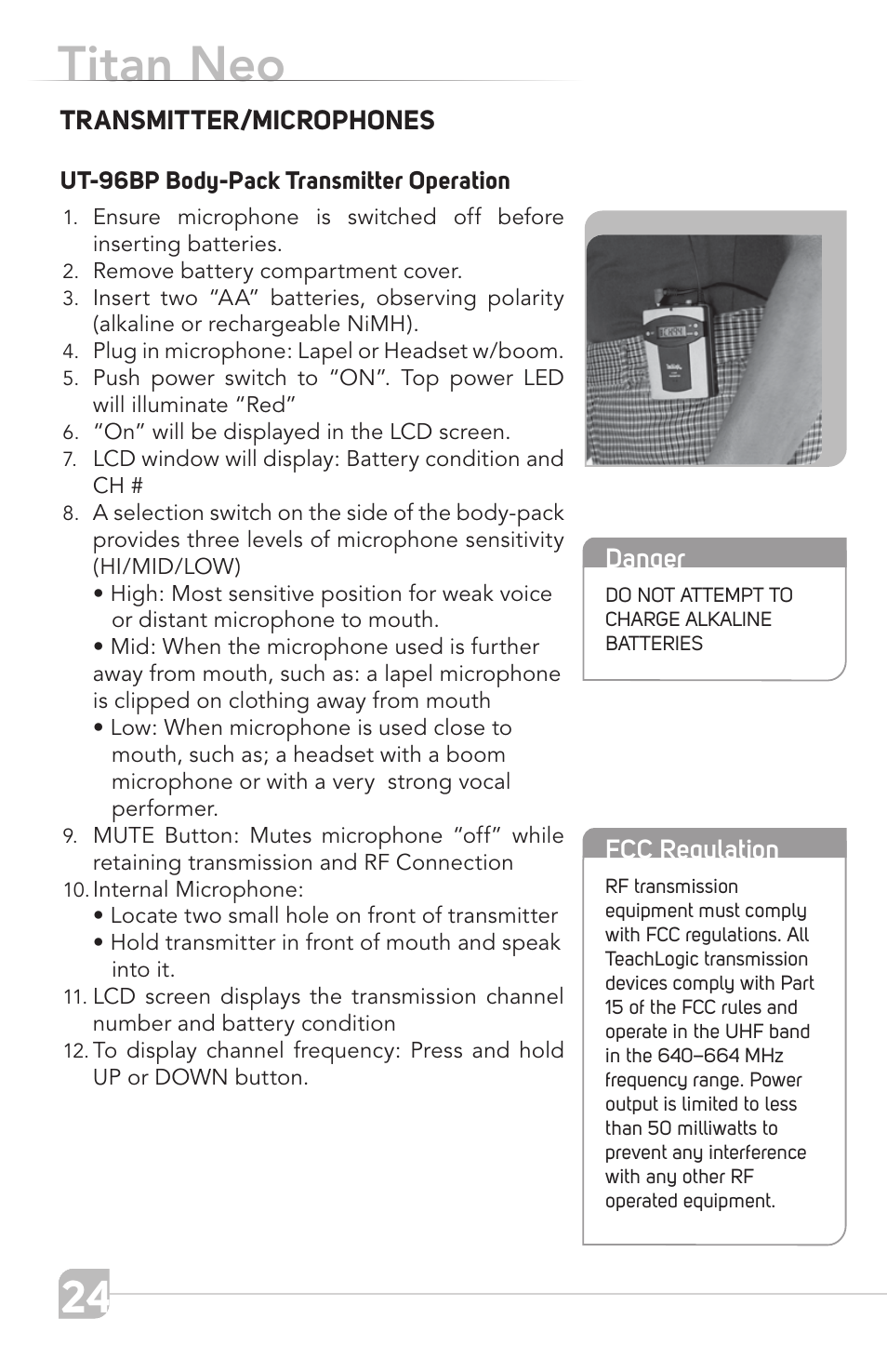 Titan neo, Product description transmitter/microphones, Fcc regulation | Danger | TeachLogic Titan Neo User Manual | Page 24 / 44
