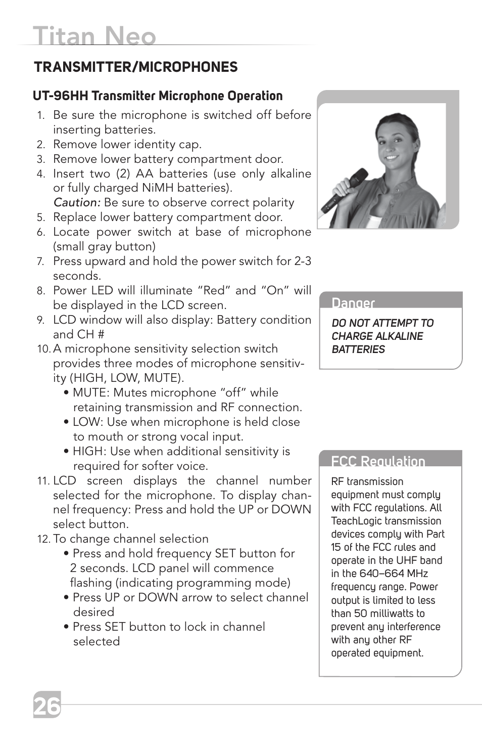 Titan neo, Product description transmitter/microphones, Danger | Fcc regulation | TeachLogic Titan Neo User Manual | Page 26 / 44