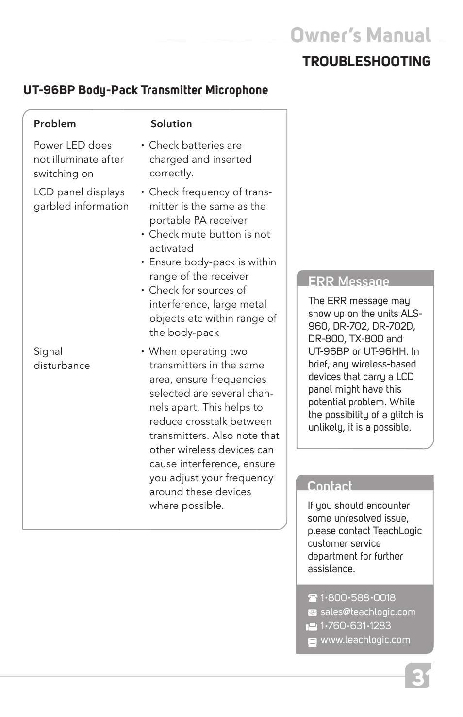 Owner’s manual, Troubleshooting product description, Contact | Err message, Ut-96bp body-pack transmitter microphone | TeachLogic Titan Neo User Manual | Page 31 / 44