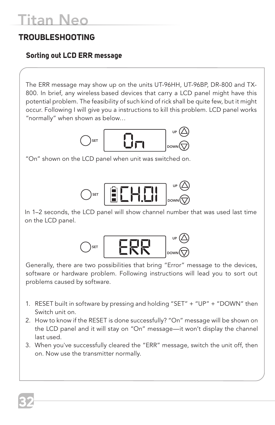Titan neo, Product description troubleshooting, Sorting out lcd err message | TeachLogic Titan Neo User Manual | Page 32 / 44