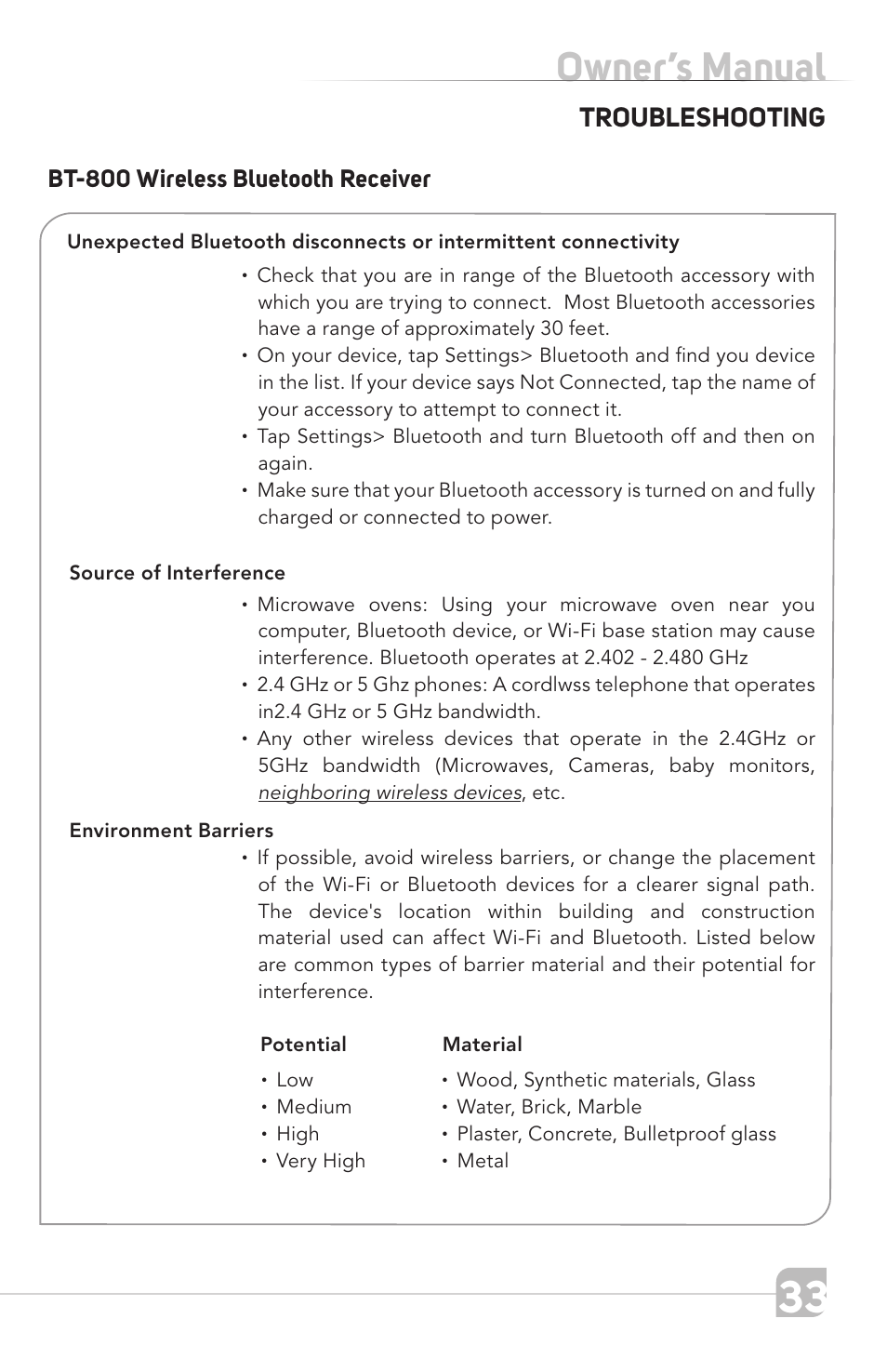 Owner’s manual, Troubleshooting, Bt-800 wireless bluetooth receiver | TeachLogic Titan Neo User Manual | Page 33 / 44