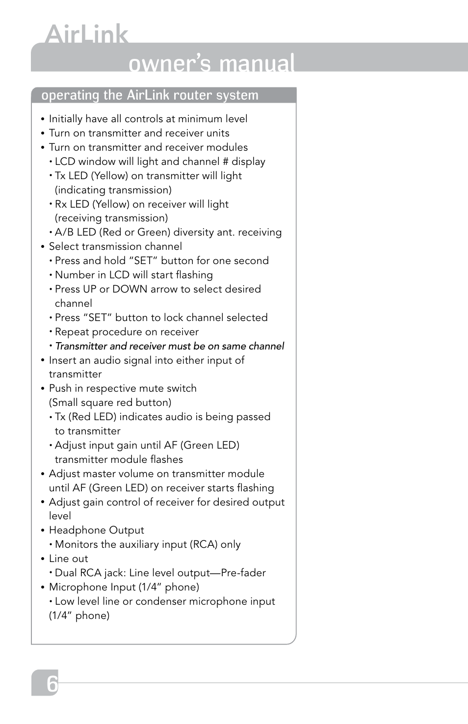 Airlink, Transmitter, Owner’s manual | Operating the airlink router system | TeachLogic Airlink Router User Manual | Page 12 / 16