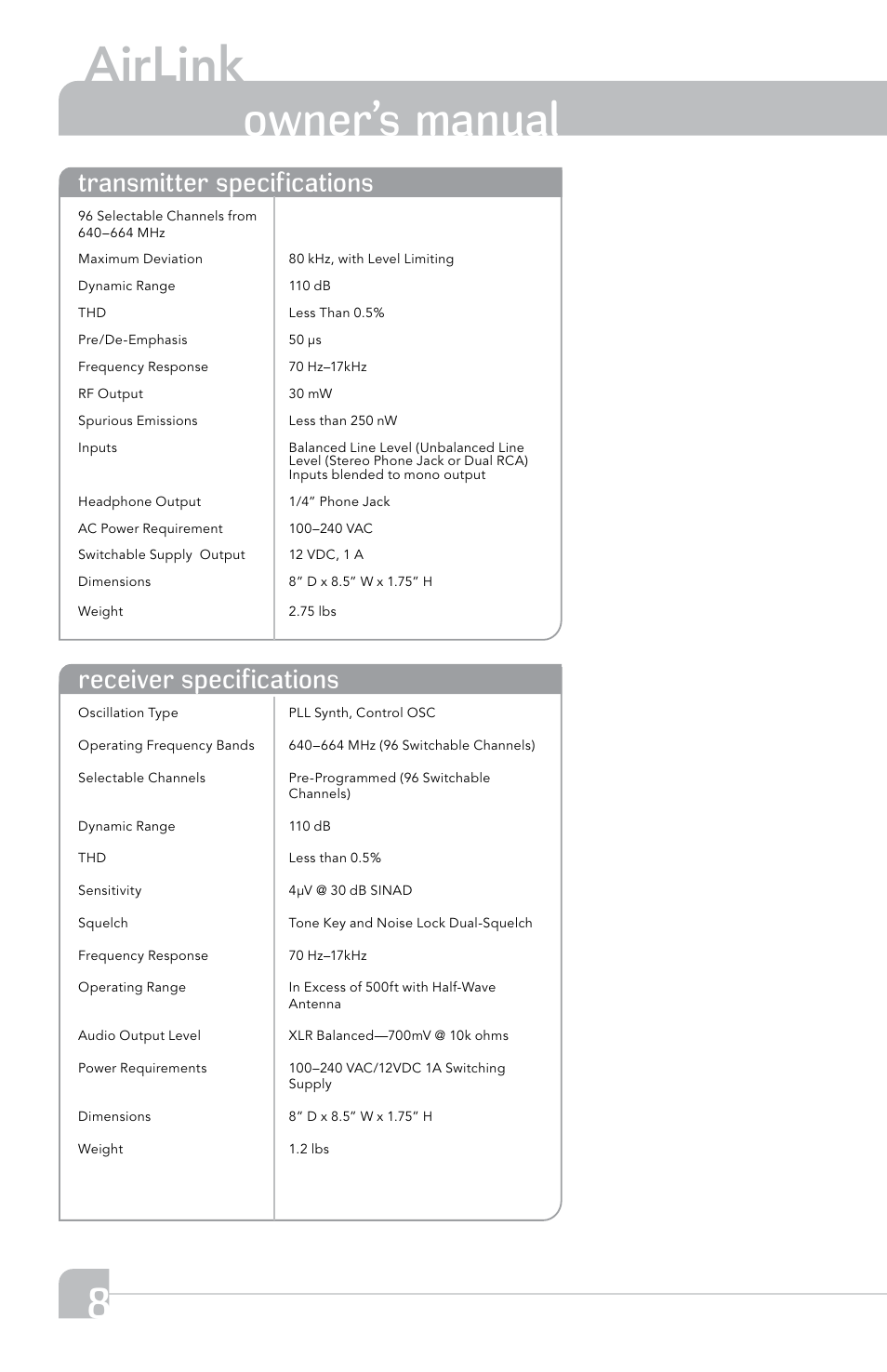 Airlink, Owner’s manual, Transmitter specifications receiver specifications | TeachLogic Airlink Router User Manual | Page 14 / 16