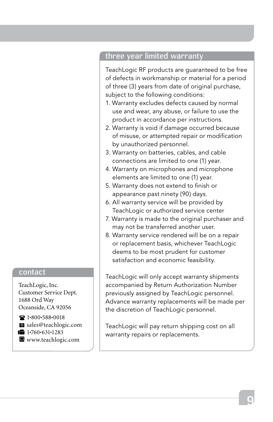 Contact three year limited warranty | TeachLogic Airlink Router User Manual | Page 15 / 16