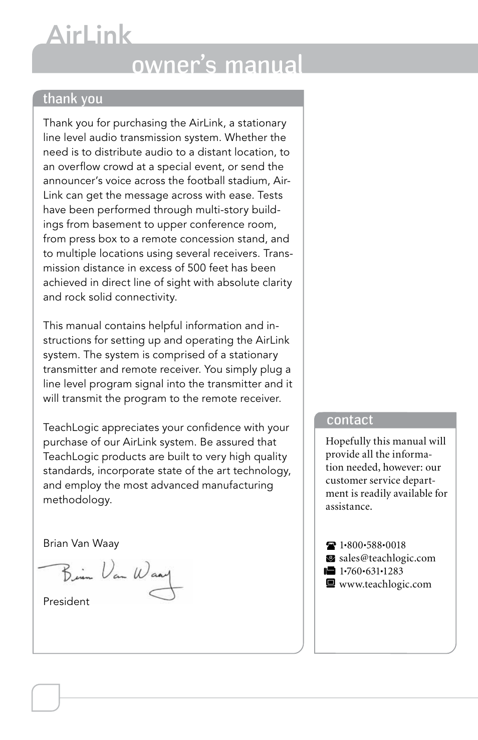 Airlink, Owner’s manual | TeachLogic Airlink Router User Manual | Page 4 / 16