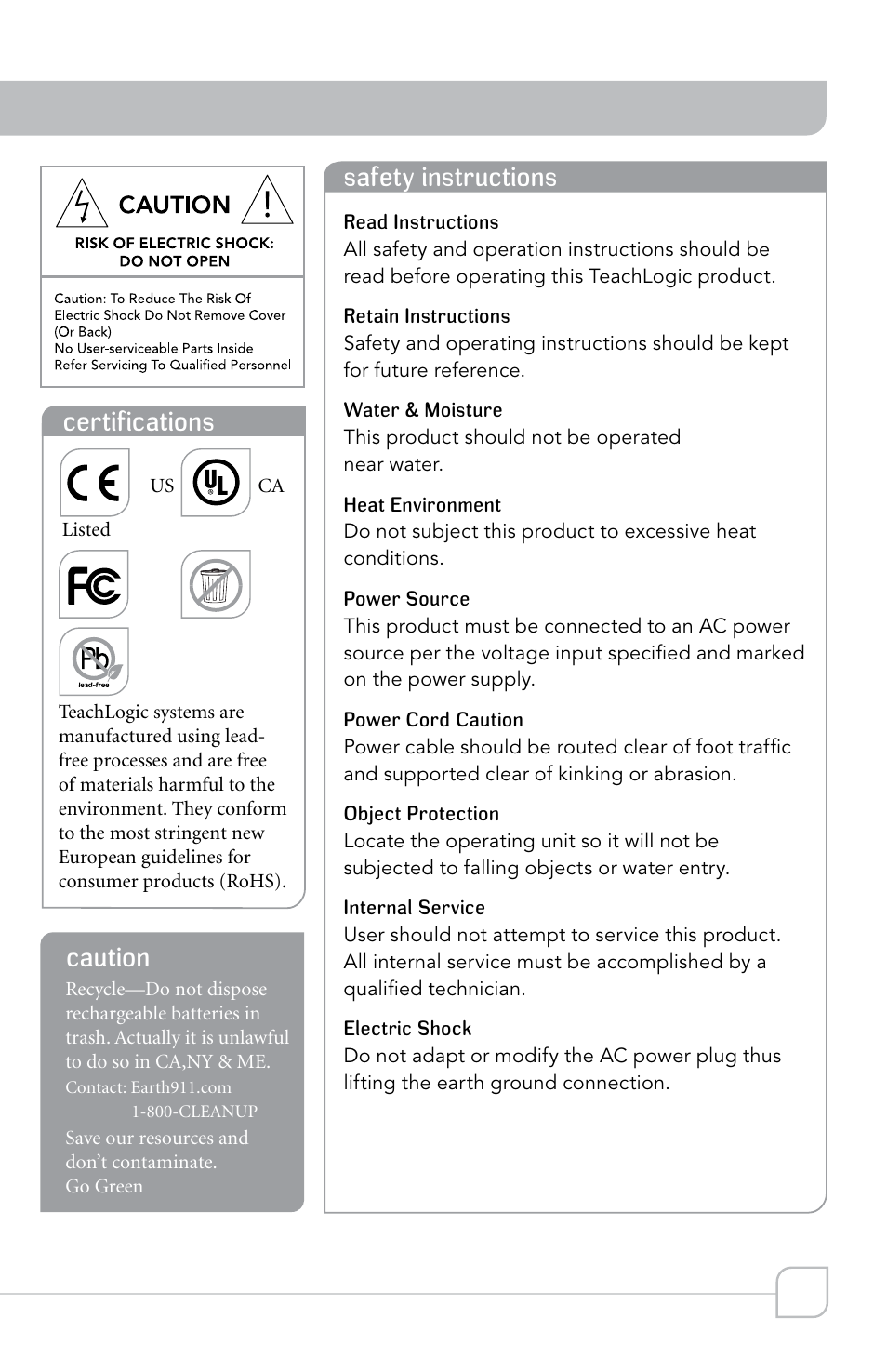 Safety instructions, Certifications, Caution | TeachLogic Airlink Router User Manual | Page 5 / 16