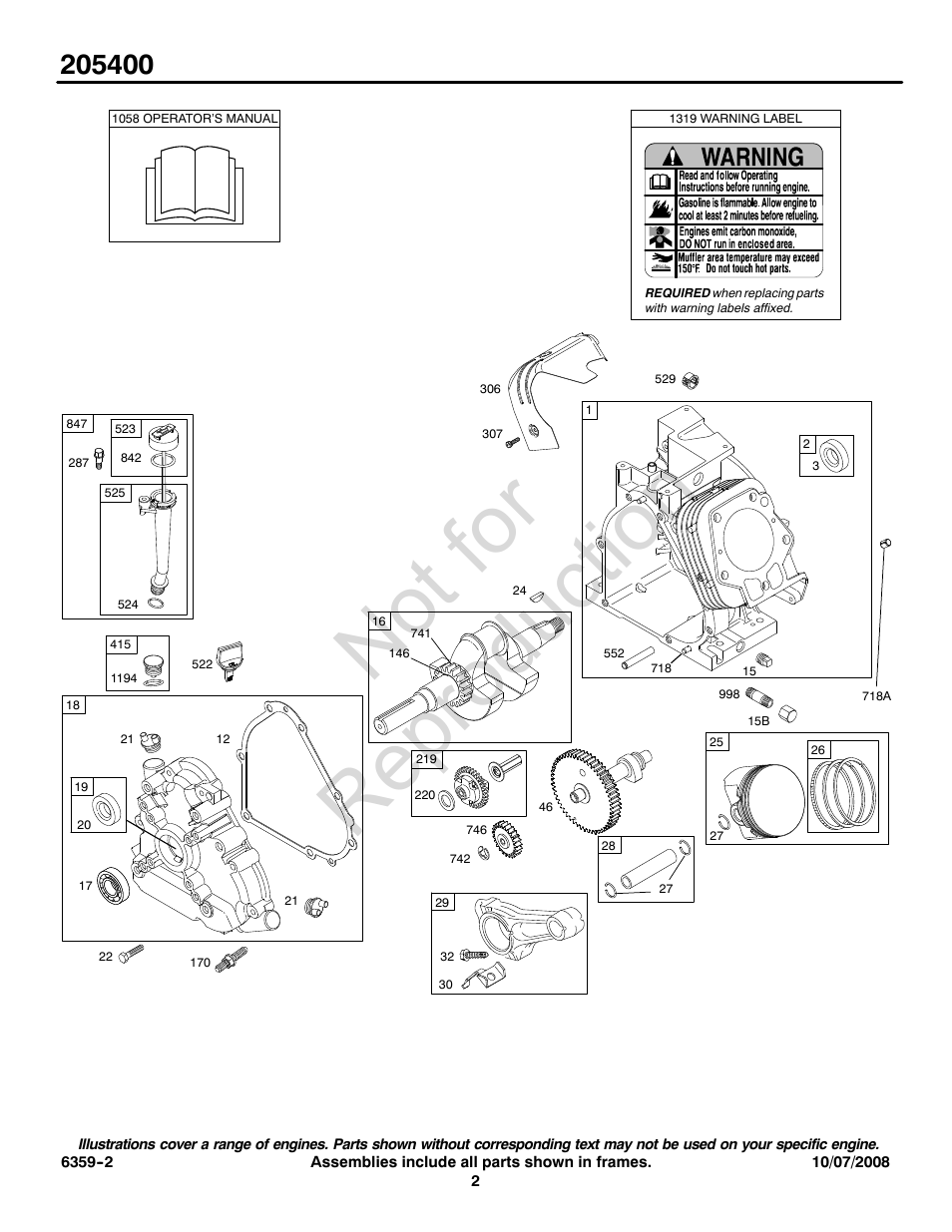 Not for reproduction | Briggs & Stratton 205400 User Manual | Page 2 / 20