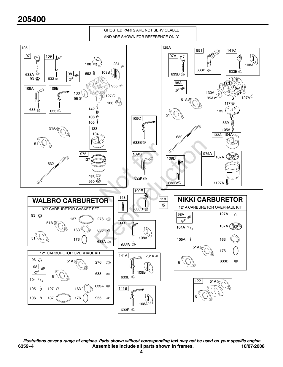 Not for reproduction, Walbro carburetor nikki carburetor | Briggs & Stratton 205400 User Manual | Page 4 / 20