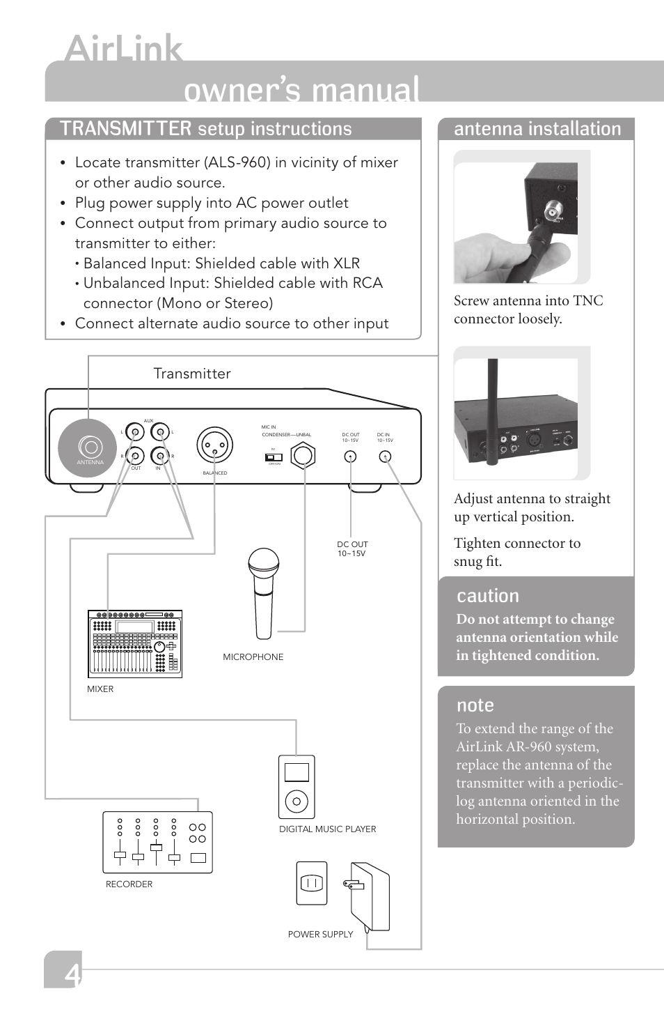 Airlink, Transmitter, Owner’s manual | TeachLogic Airlink UHF Wireless Mic System User Manual | Page 10 / 16