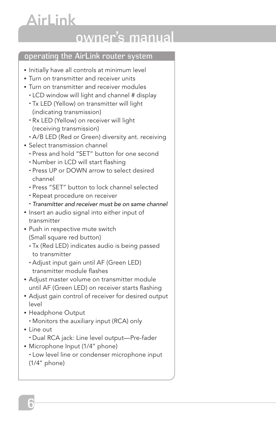 Airlink, Transmitter, Owner’s manual | Operating the airlink router system | TeachLogic Airlink UHF Wireless Mic System User Manual | Page 12 / 16