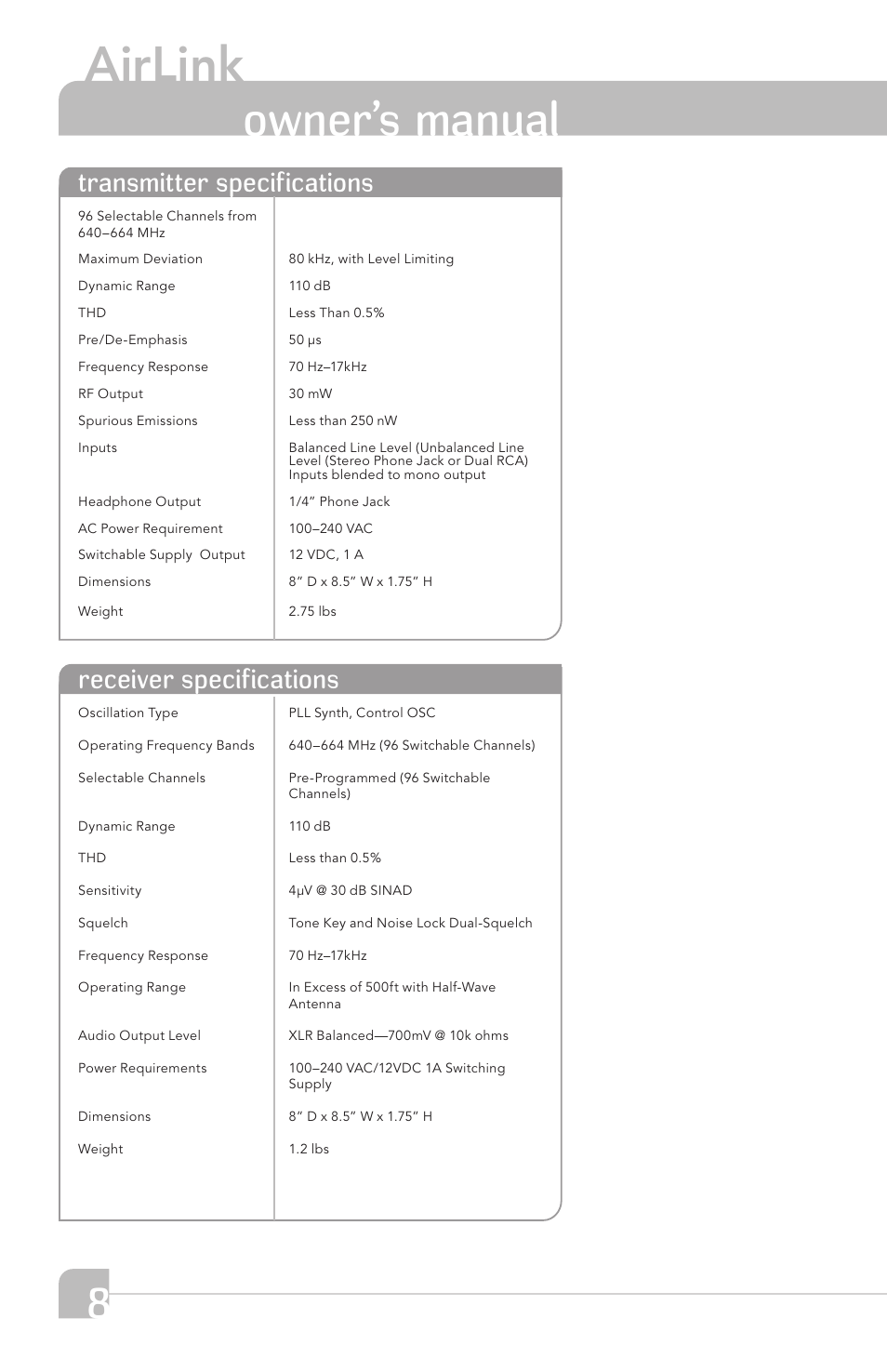 Airlink, Owner’s manual, Transmitter specifications receiver specifications | TeachLogic Airlink UHF Wireless Mic System User Manual | Page 14 / 16