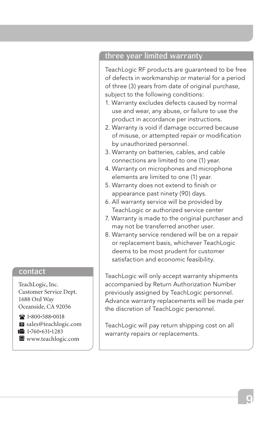 Contact three year limited warranty | TeachLogic Airlink UHF Wireless Mic System User Manual | Page 15 / 16
