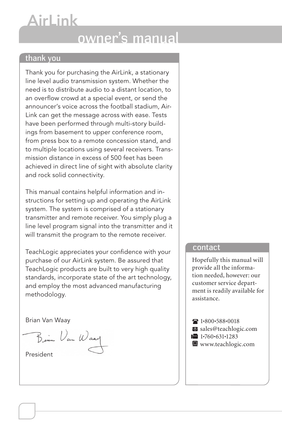 Airlink, Owner’s manual | TeachLogic Airlink UHF Wireless Mic System User Manual | Page 4 / 16