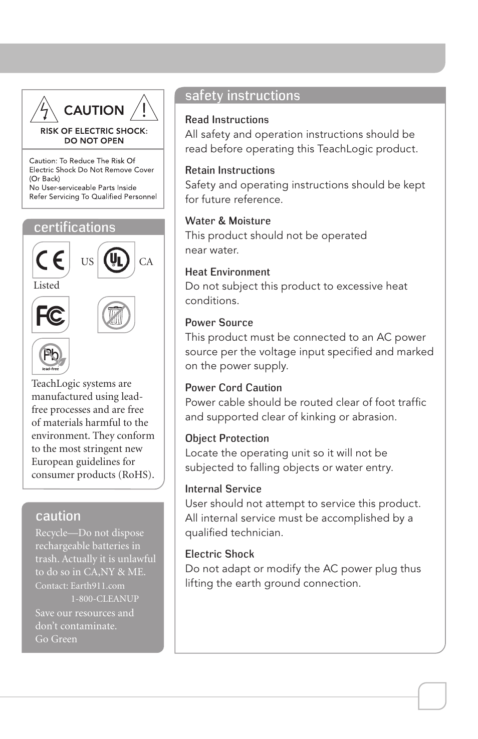 Safety instructions, Certifications, Caution | TeachLogic Airlink UHF Wireless Mic System User Manual | Page 5 / 16