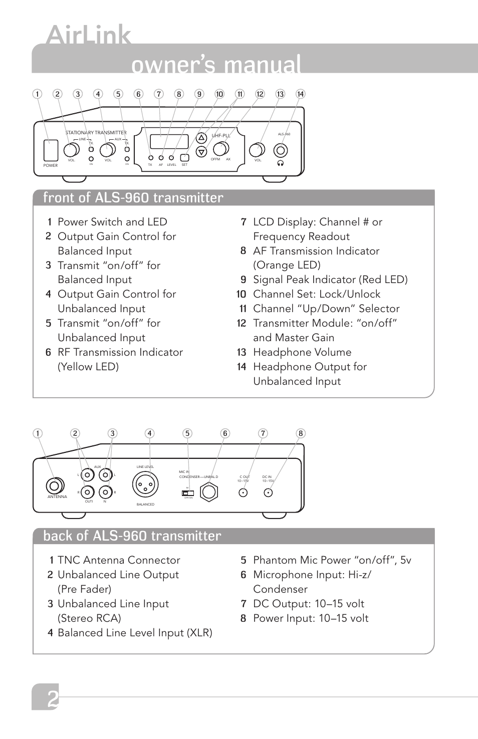 Airlink, Owner’s manual | TeachLogic Airlink UHF Wireless Mic System User Manual | Page 8 / 16
