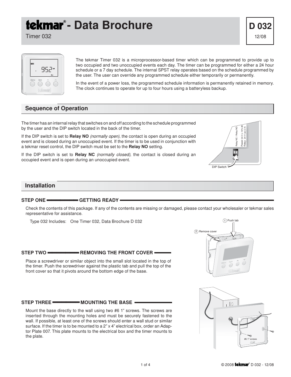 tekmar 032 Timer User Manual | 4 pages