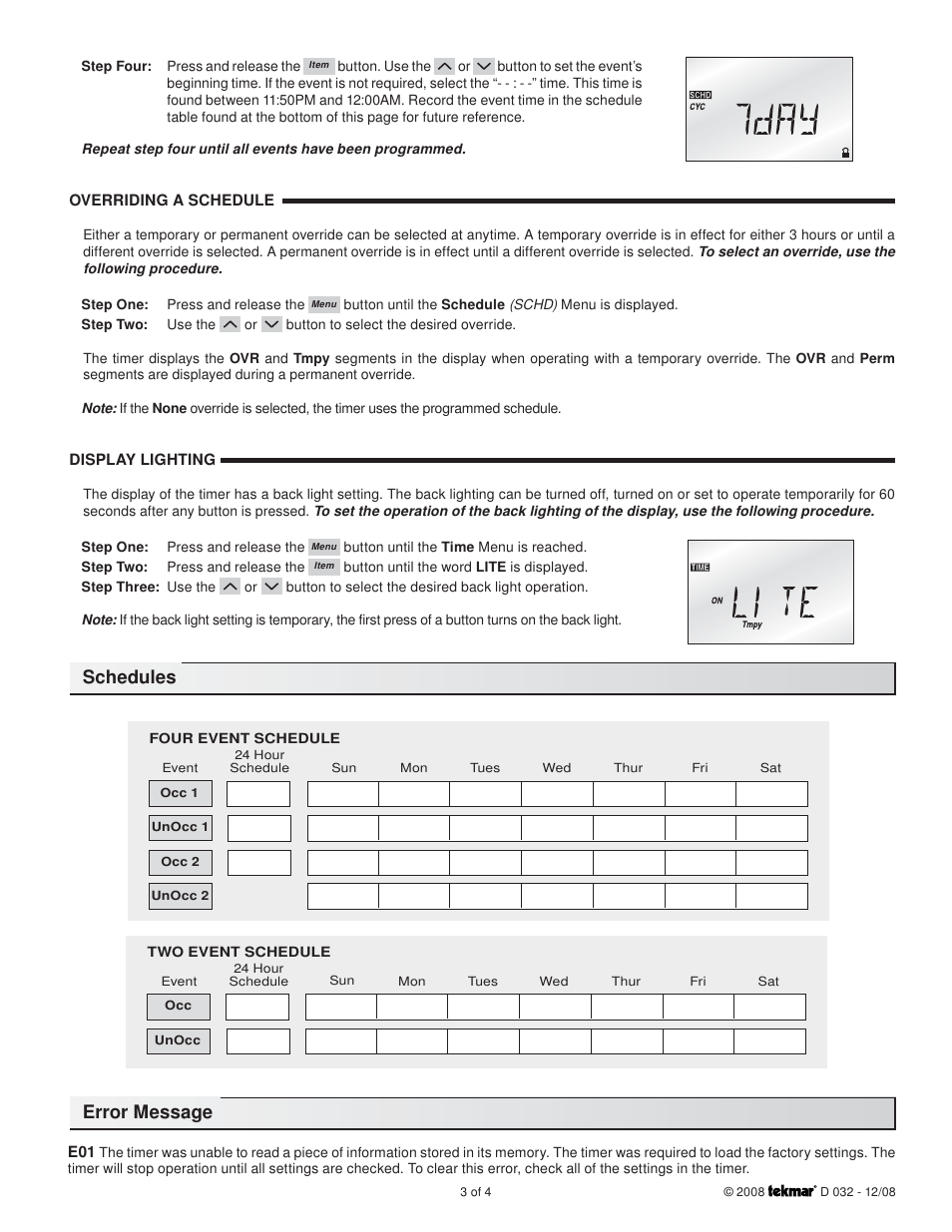 Schedules, Error message | tekmar 032 Timer User Manual | Page 3 / 4