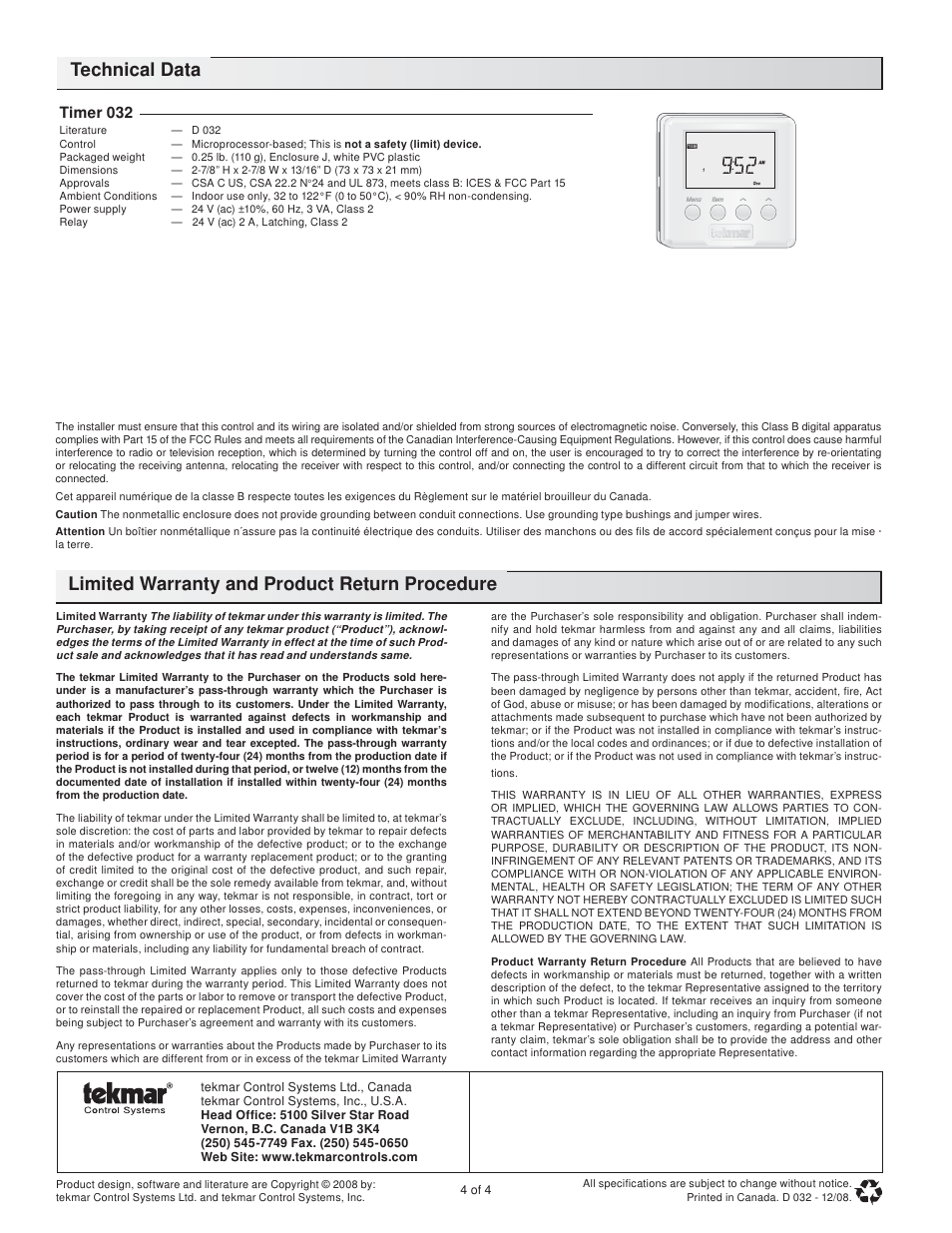 Limited warranty and product return procedure, Technical data, Timer 032 | tekmar 032 Timer User Manual | Page 4 / 4