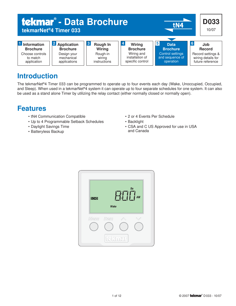 tekmar 033 4 Timer User Manual | 12 pages