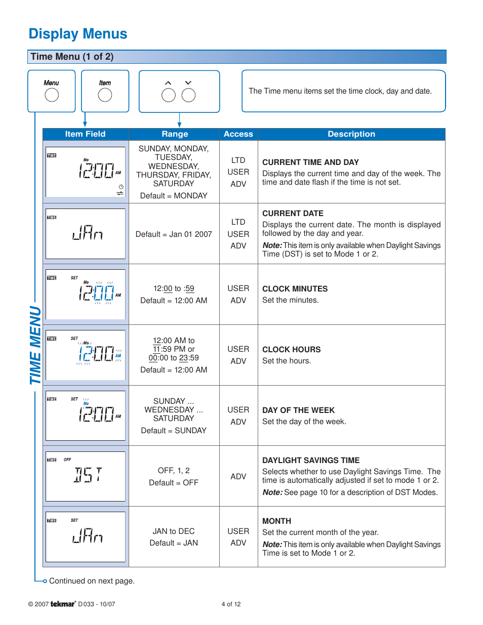 Time menu display menus | tekmar 033 4 Timer User Manual | Page 4 / 12