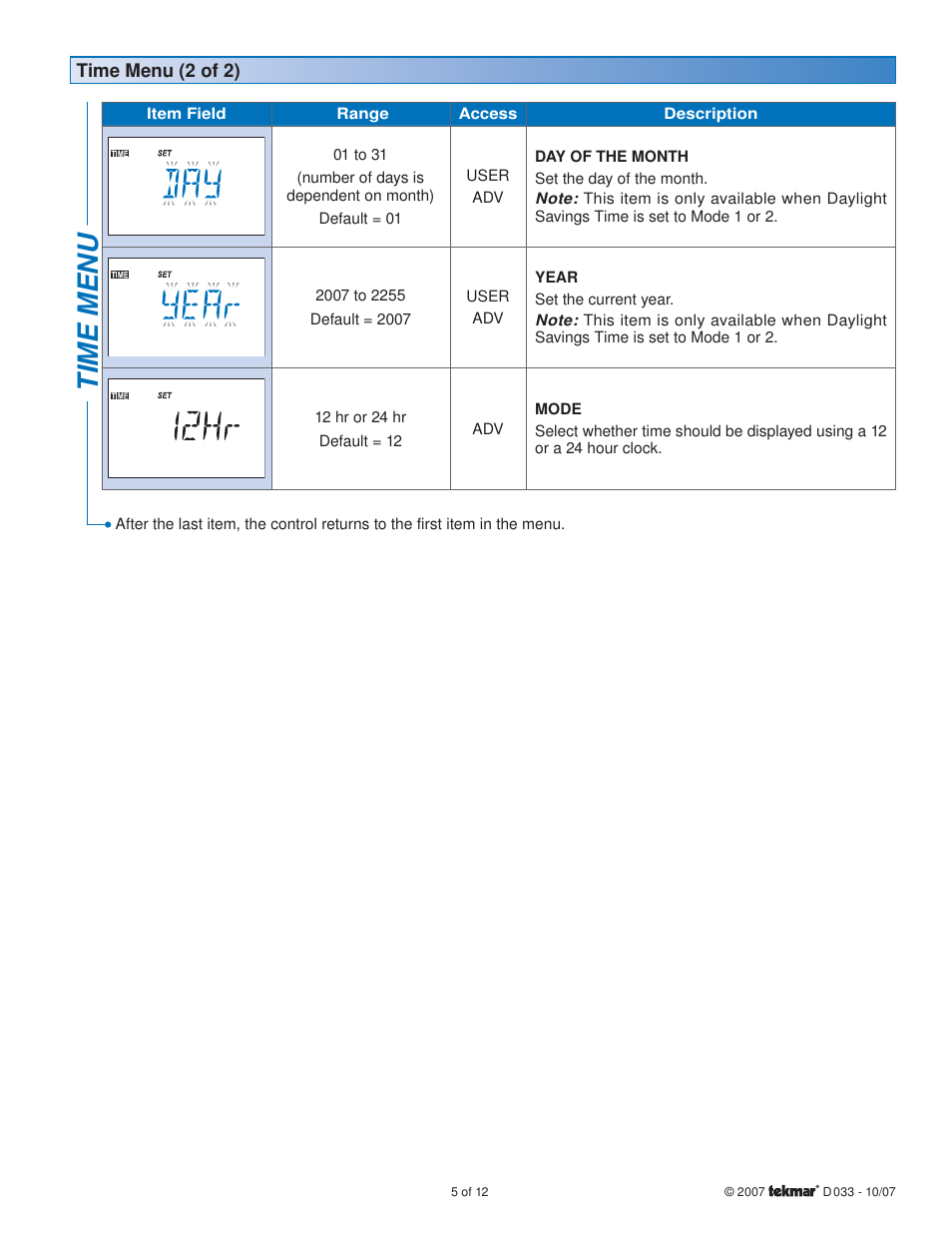 Time menu | tekmar 033 4 Timer User Manual | Page 5 / 12