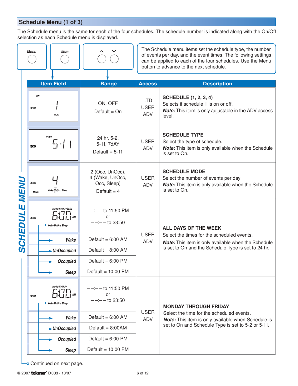 Sc hedule menu | tekmar 033 4 Timer User Manual | Page 6 / 12