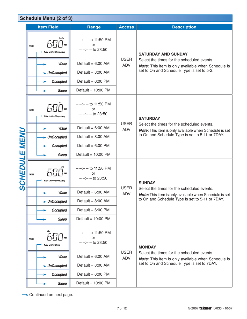 Sc hedule menu | tekmar 033 4 Timer User Manual | Page 7 / 12