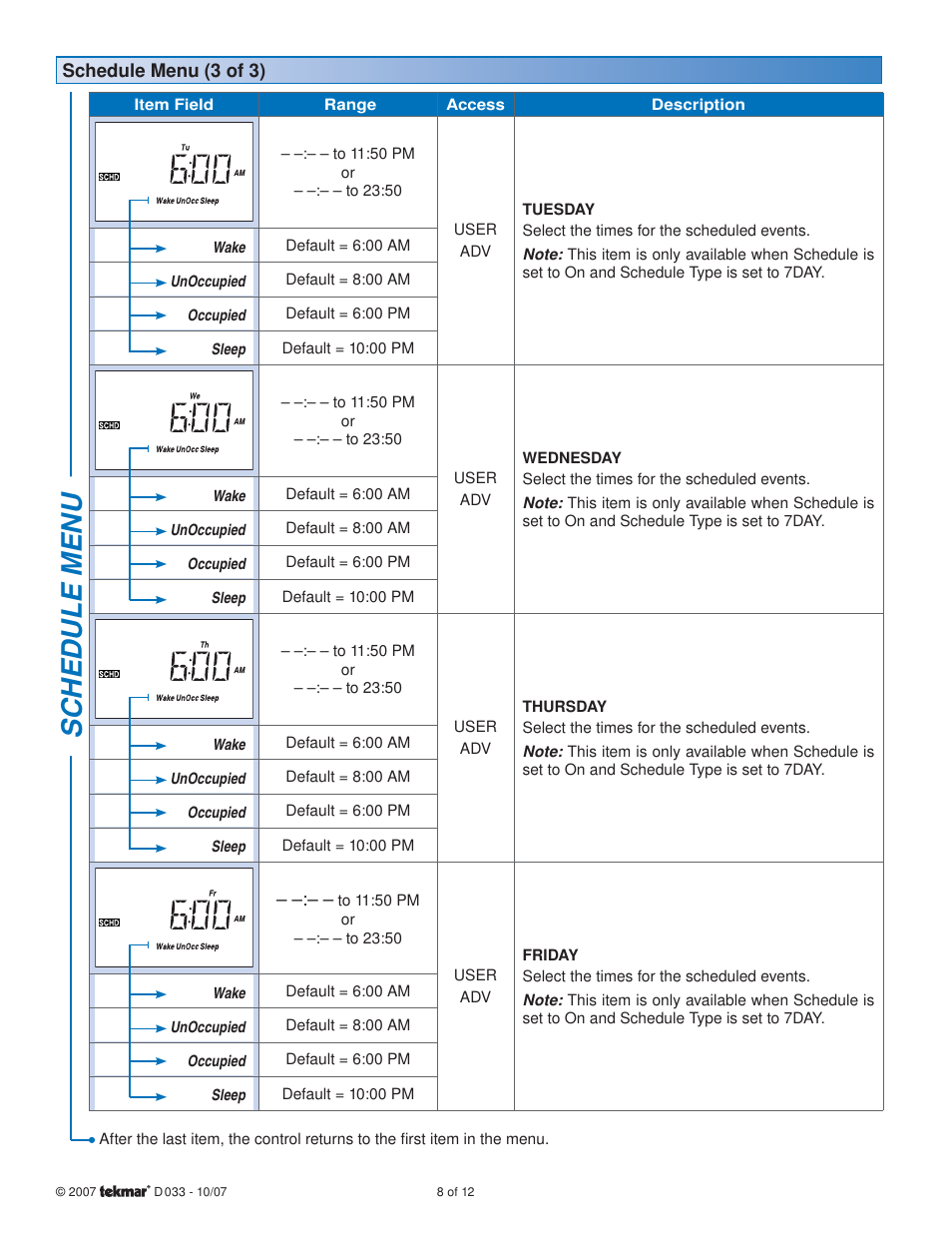 Sc hedule menu | tekmar 033 4 Timer User Manual | Page 8 / 12