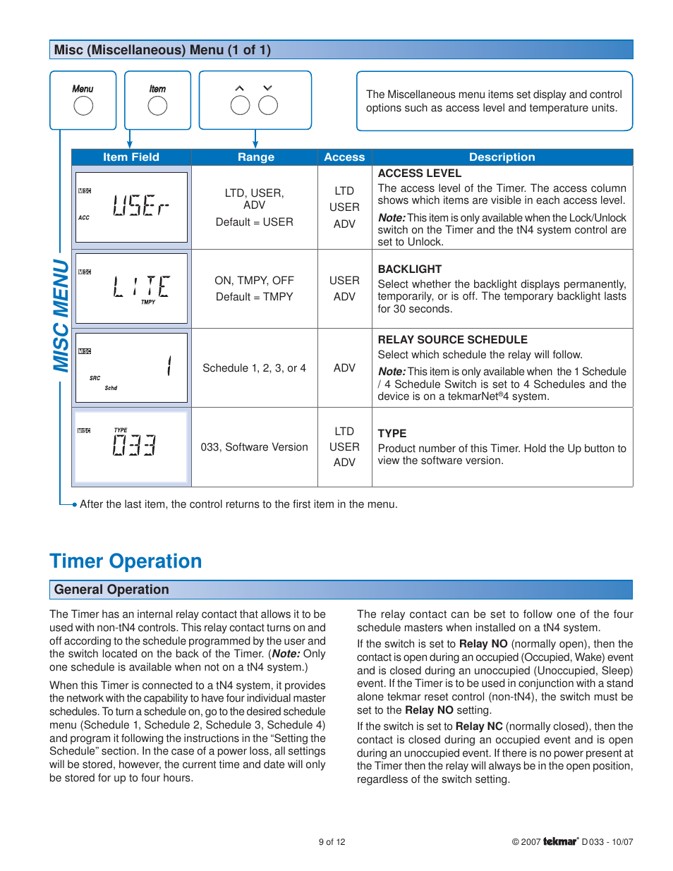 Misc menu, Timer operation | tekmar 033 4 Timer User Manual | Page 9 / 12