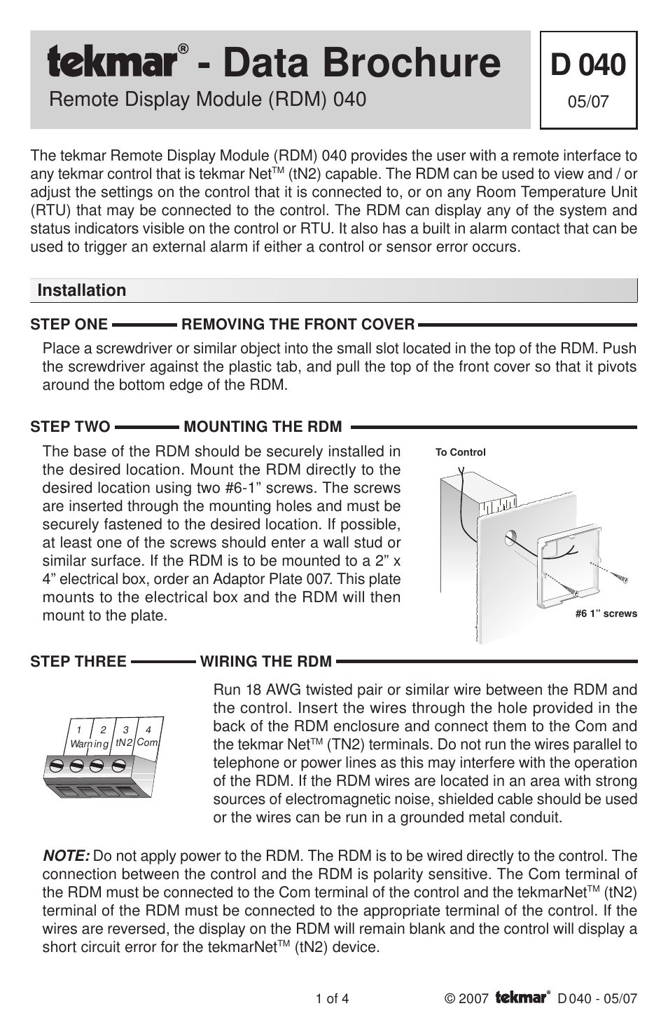 tekmar 040 RDM User Manual | 4 pages