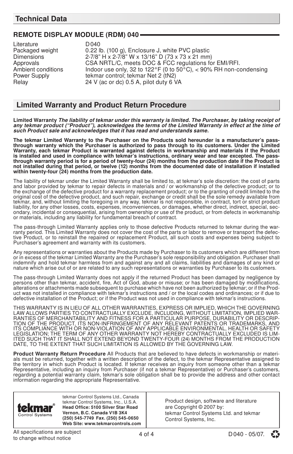 Limited warranty and product return procedure, Technical data | tekmar 040 RDM User Manual | Page 4 / 4