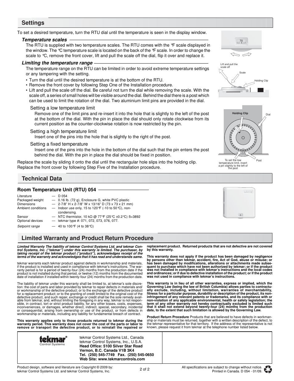 Settings, Temperature scales, Limiting the temperature range | Setting a low temperature limit, Setting a high temperature limit, Setting a ﬁxed temperature, Room temperature unit (rtu) 054 | tekmar 054 RTU User Manual | Page 2 / 2
