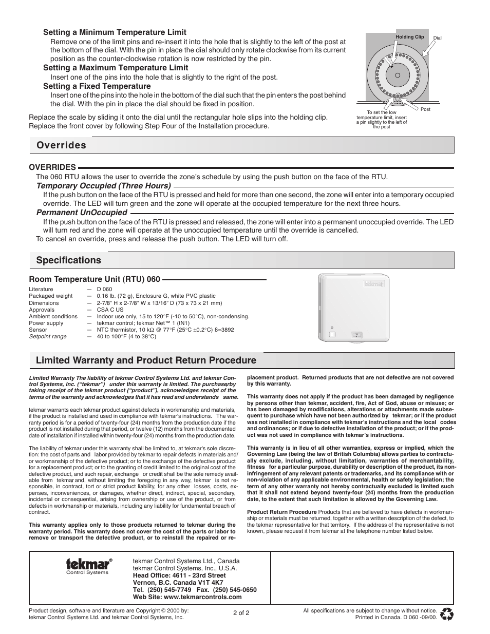 Overrides, Specifications, Limited warranty and product return procedure | Setting a minimum temperature limit, Setting a maximum temperature limit, Setting a fixed temperature, Temporary occupied (three hours), Permanent unoccupied, Room temperature unit (rtu) 060 | tekmar 060 RTU User Manual | Page 2 / 2