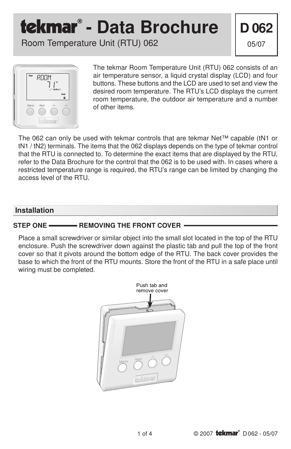 tekmar 062 RTU User Manual | 4 pages