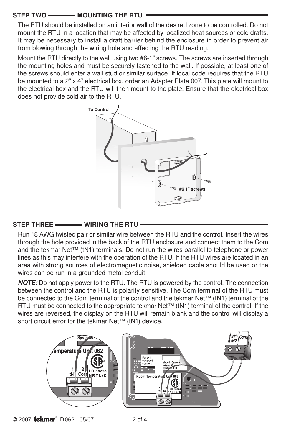 tekmar 062 RTU User Manual | Page 2 / 4