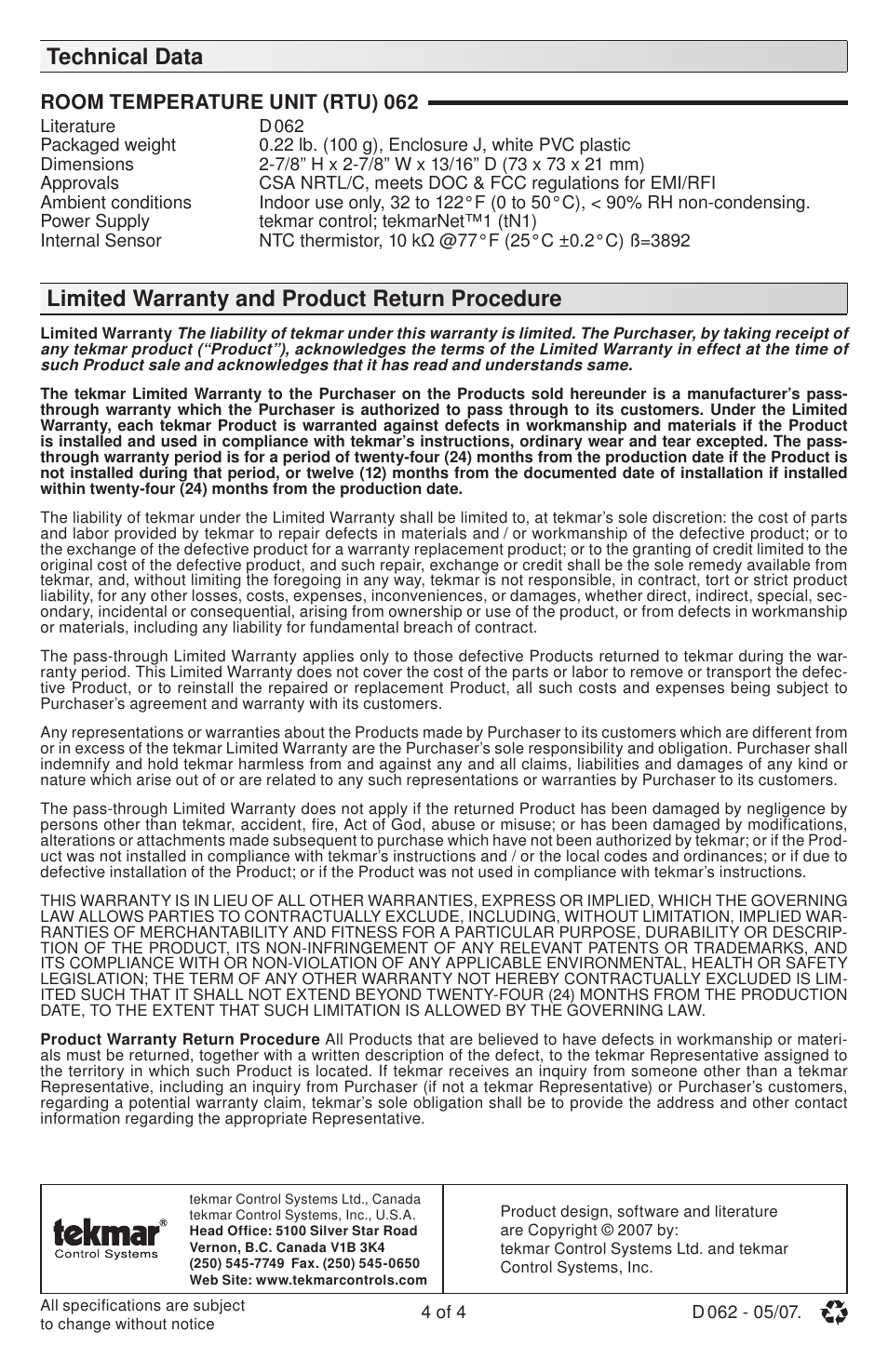 tekmar 062 RTU User Manual | Page 4 / 4