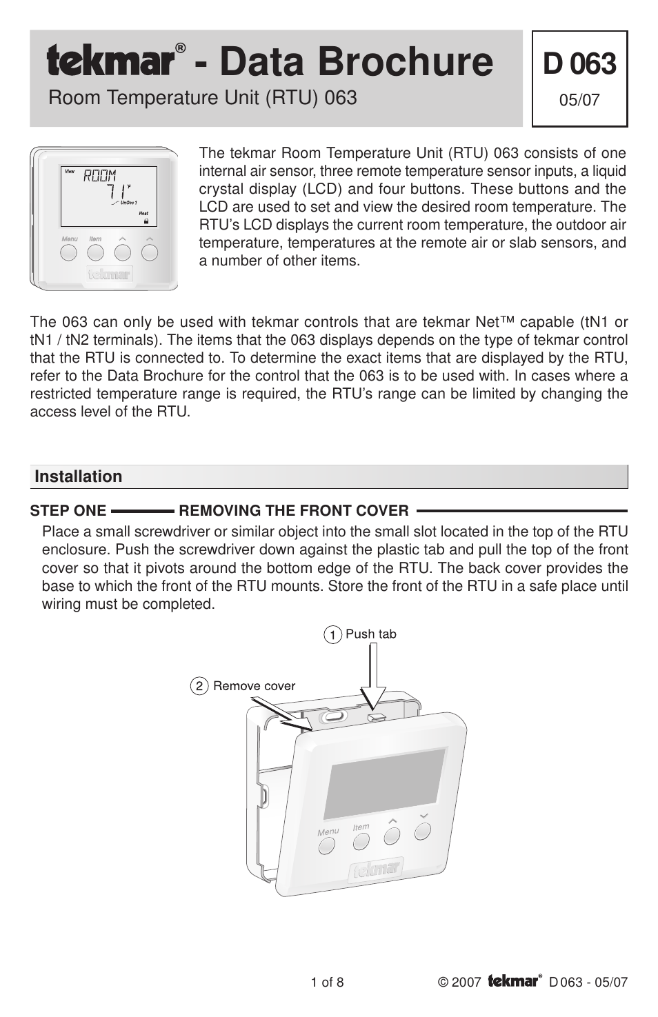 tekmar 063 RTU User Manual | 8 pages