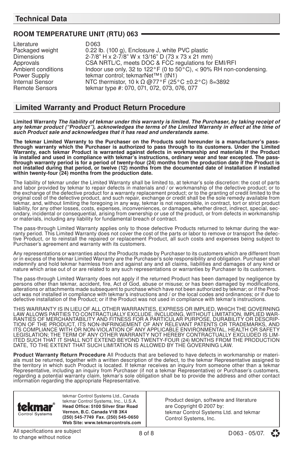 tekmar 063 RTU User Manual | Page 8 / 8