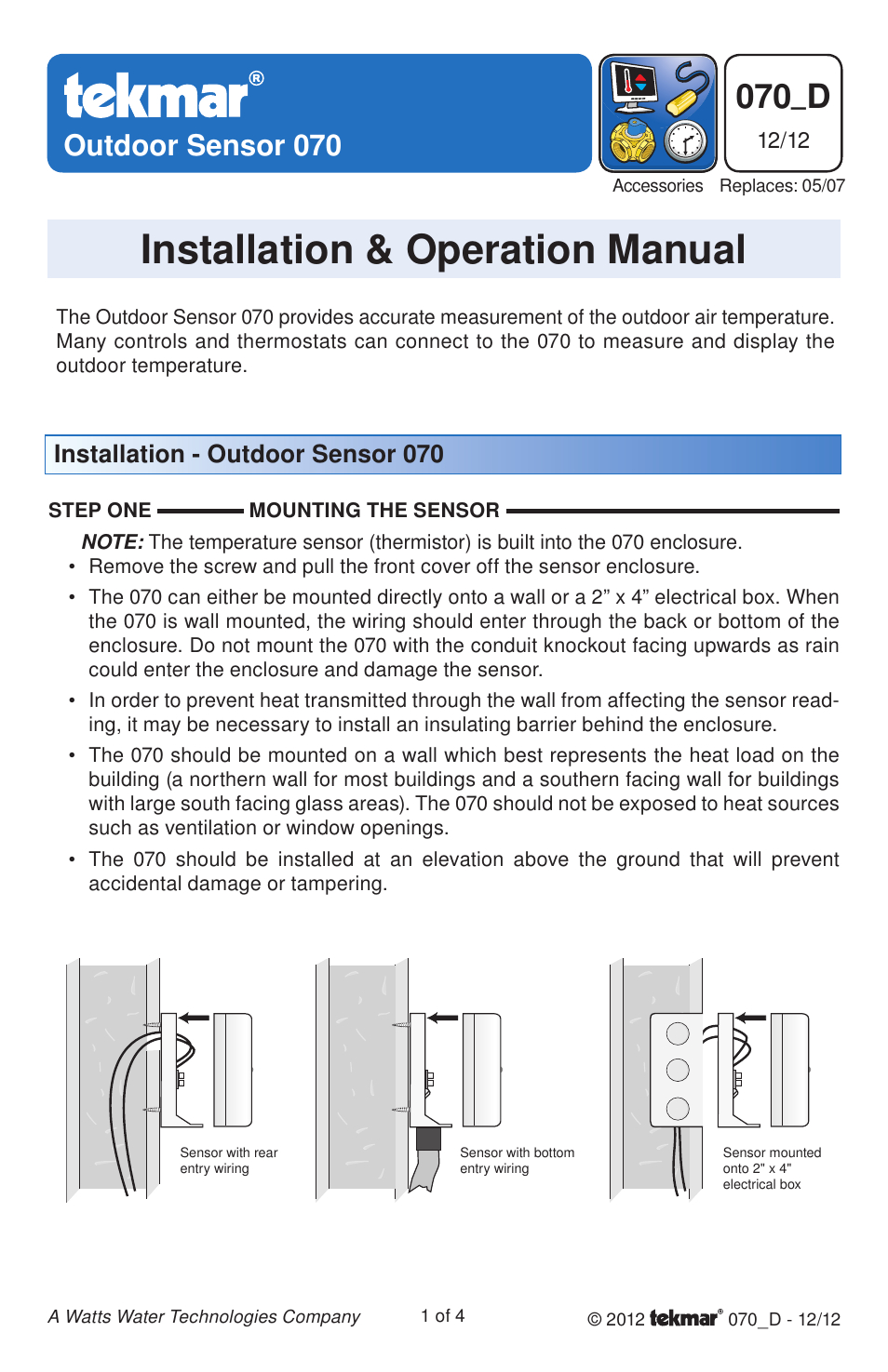 tekmar 070 Outdoor Sensor User Manual | 4 pages