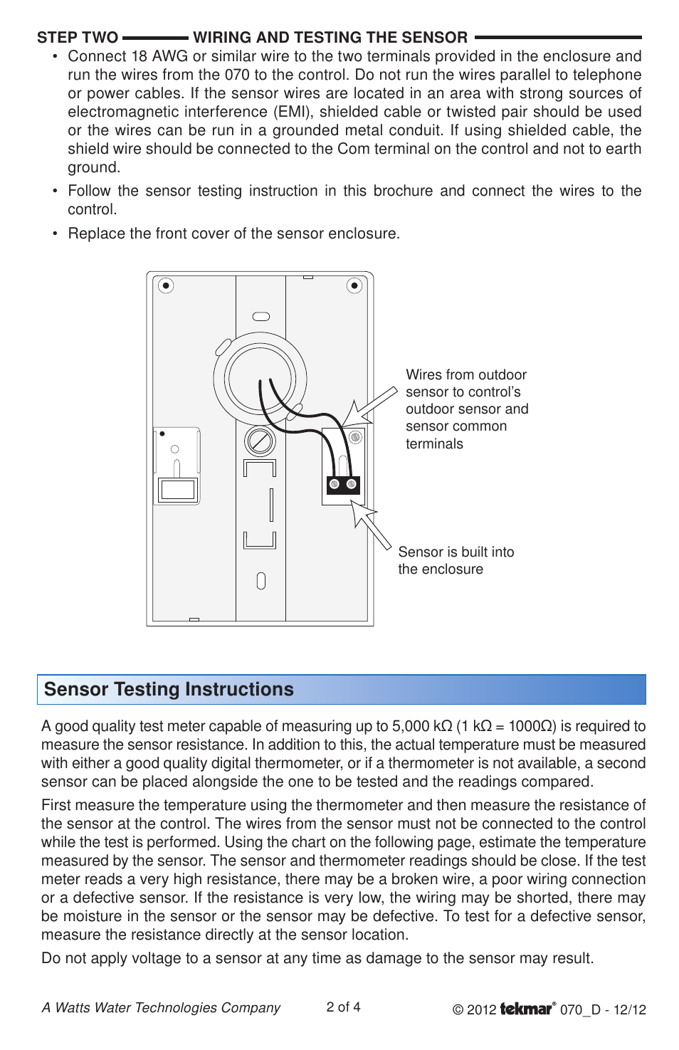 Sensor testing instructions | tekmar 070 Outdoor Sensor User Manual | Page 2 / 4