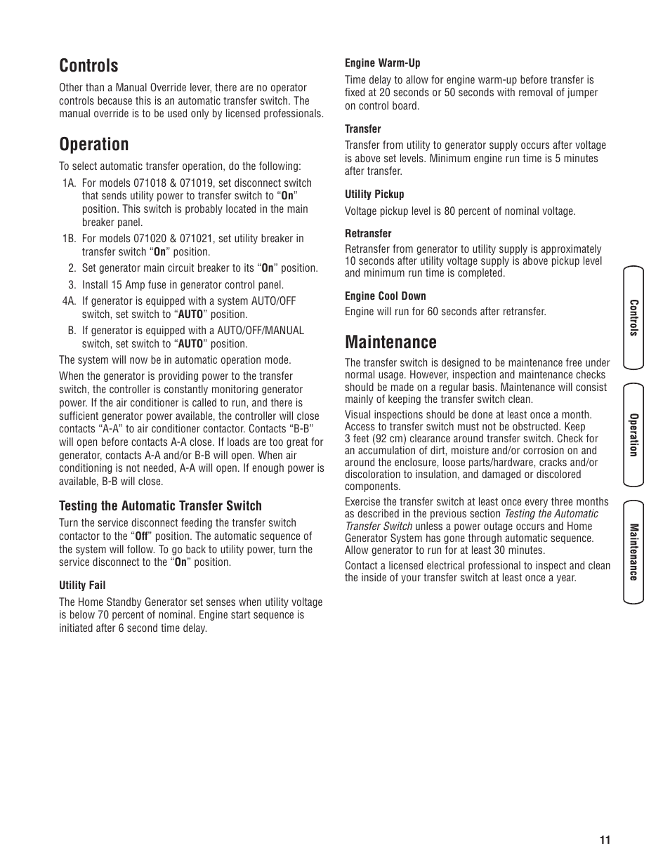 Controls, Operation, Testing the automatic transf | Maintenance, Mandos, Sistema funcionamiento, Prueba del conectador automá, Mantenimiento, Testing the automatic transfer switch | Briggs & Stratton 071019 User Manual | Page 11 / 44