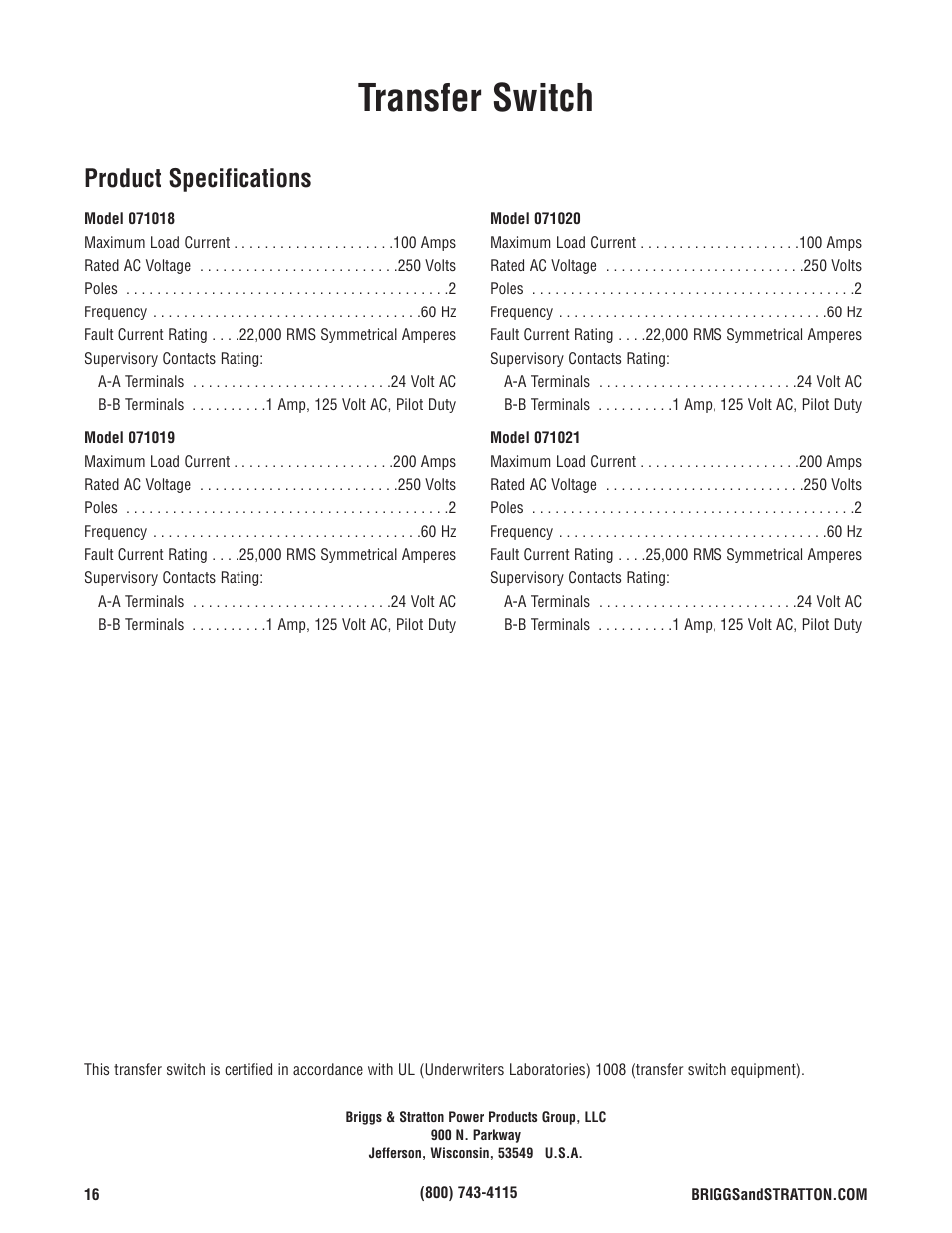 Product specifications, Transfer switch | Briggs & Stratton 071019 User Manual | Page 16 / 44