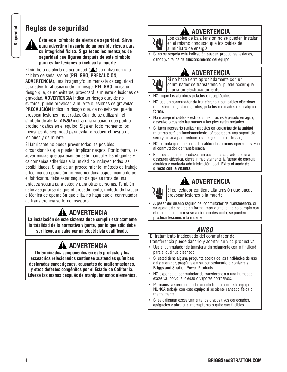 Reglas de seguridad, Advertencia, Aviso | Briggs & Stratton 071019 User Manual | Page 20 / 44