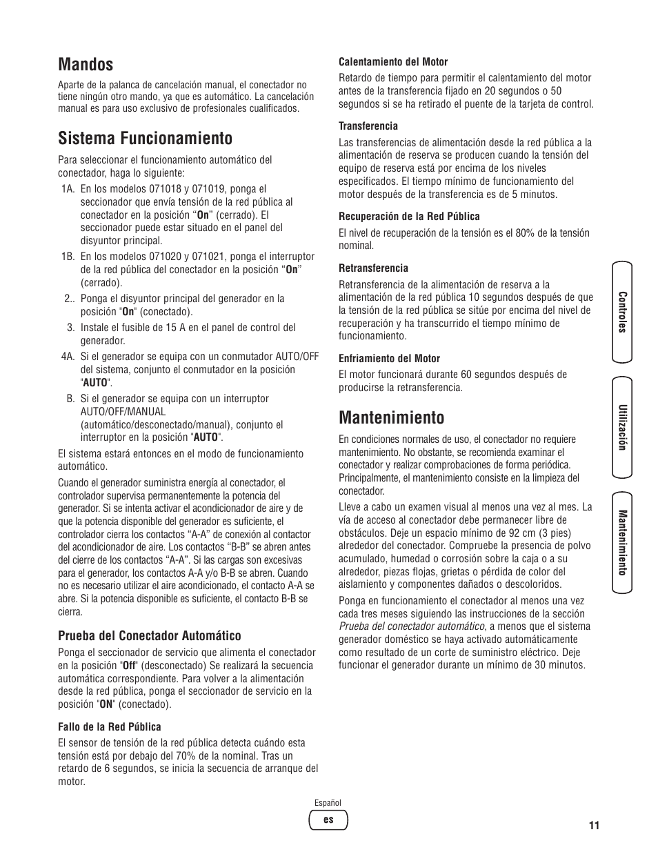 Mandos, Sistema funcionamiento, Mantenimiento | Briggs & Stratton 071019 User Manual | Page 27 / 44